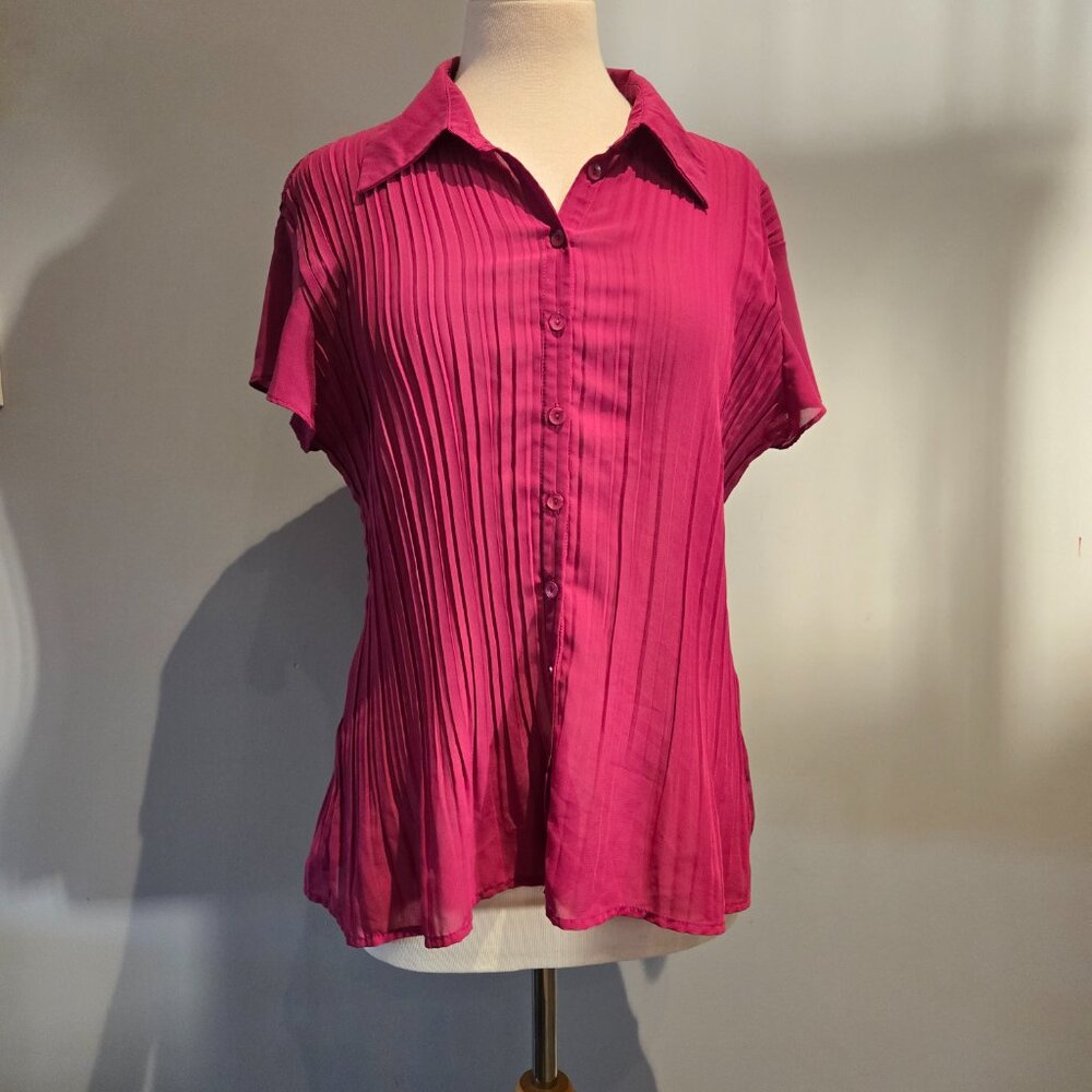 Sash Fuchsia Pleated Button-Up Blouse | Hot Pink | XL